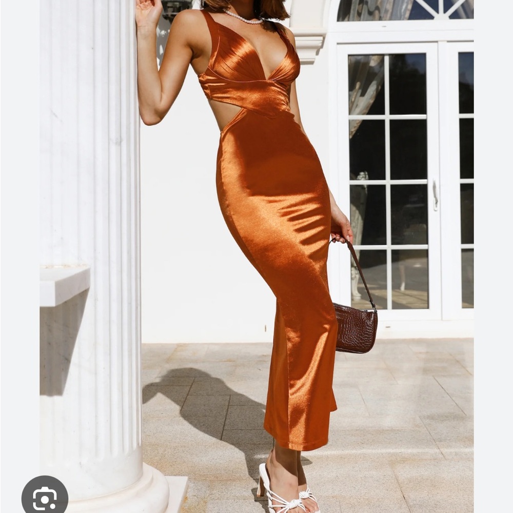 Sunset Views Satin MIDI Dress Orange -M